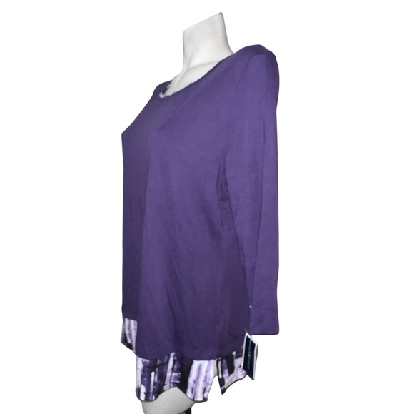 New Karen Scott Top Purple Print Trim 3/4 Sleeve Shirt Size XL Casual Travel - Picture 4 of 9